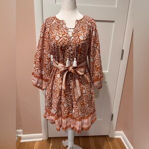 Cleobella size XS 100% organic cotton brown and white floral mini dress